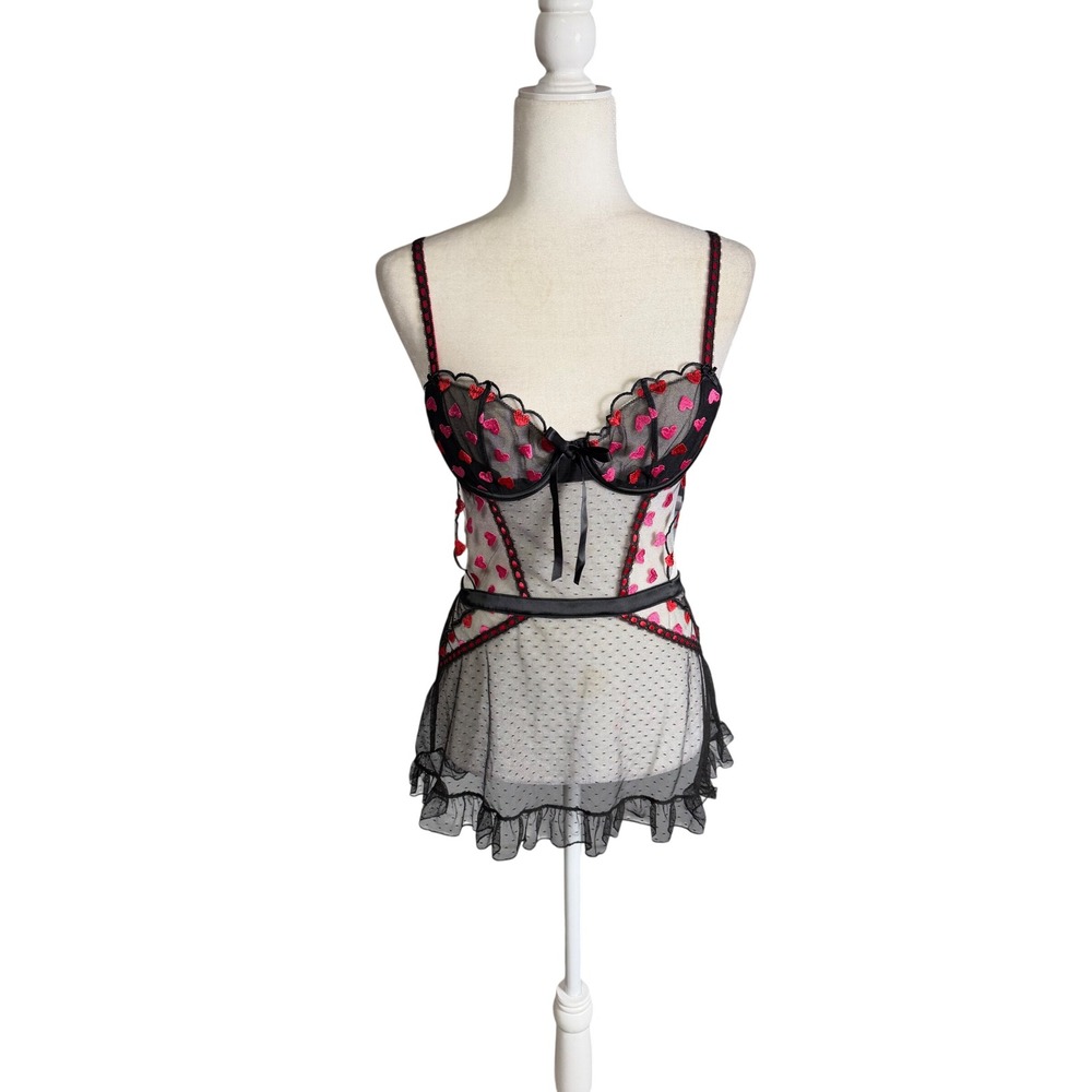 Victoria's Secret Black Heart Print Sheer Babydoll Chemise Lingerie S